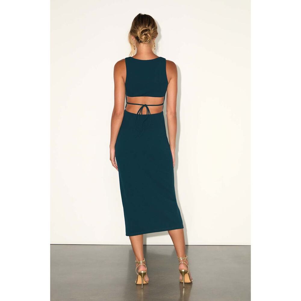 Lulu's Deep Teal Scoop Neck Midi Dress with Side Slit - Picture 3 of 7
